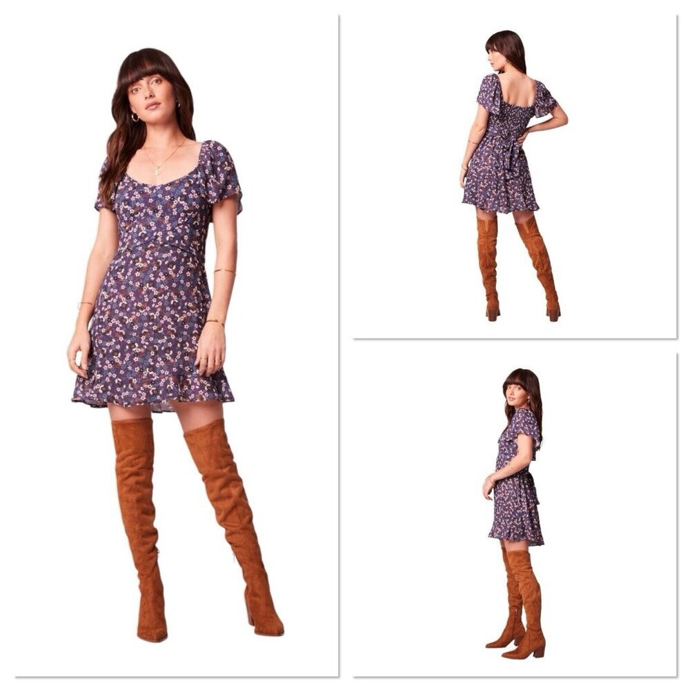 BOG Band Of The Free CORALINE PURPLE IVORY FLORAL CROSSOVER MINI DRESS SMALL NEW